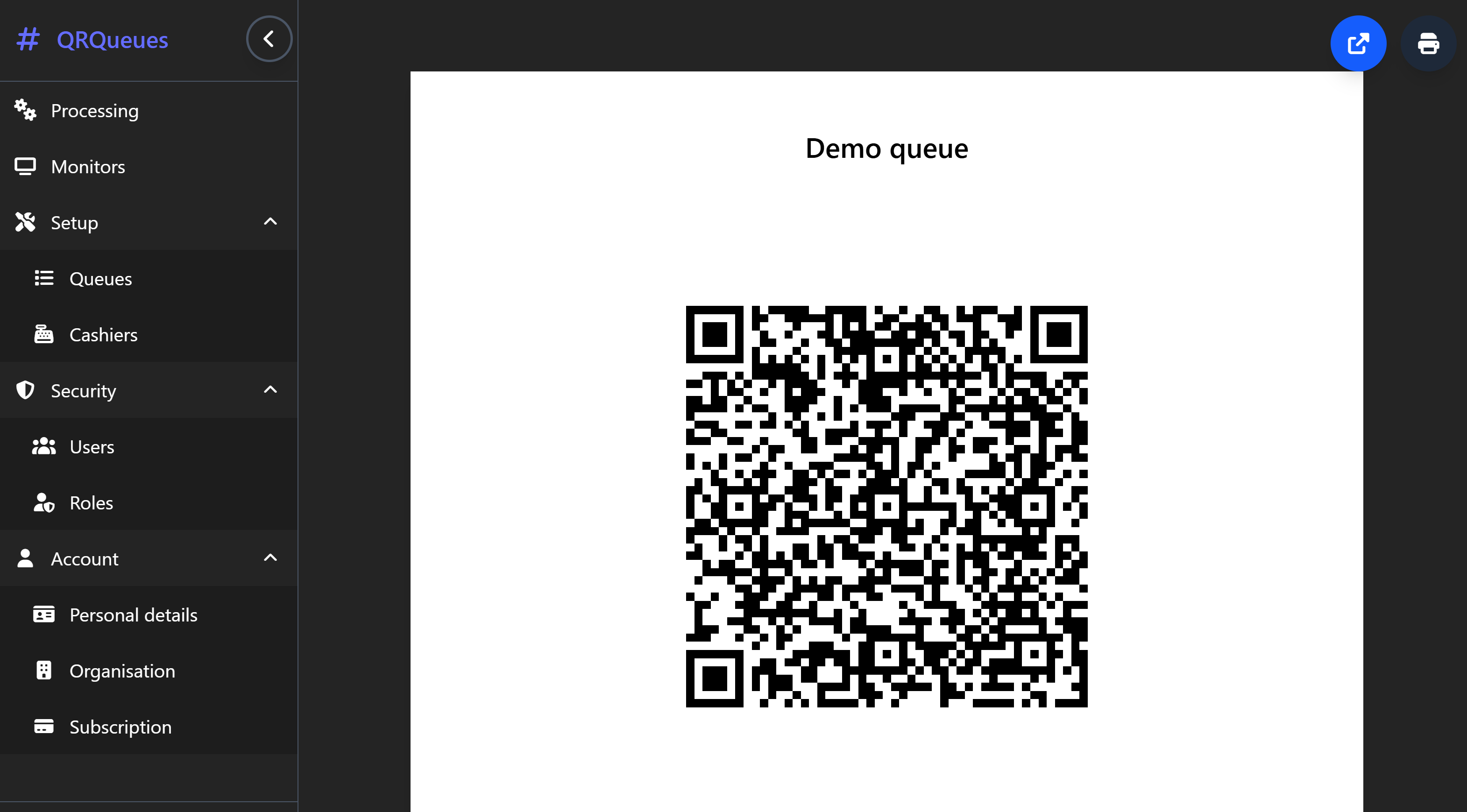 QRQueues demo — a queue QR code displayed on screen